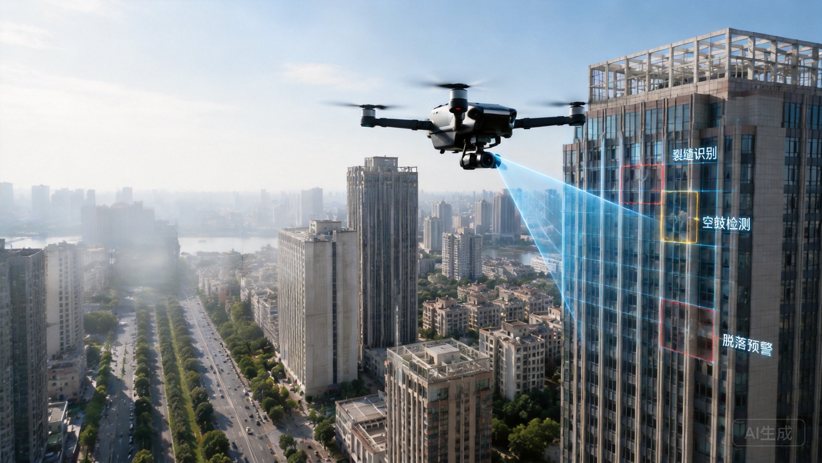 搭载 RTK 模块的经纬 4T 无人机在城市上空执行建筑外墙巡检