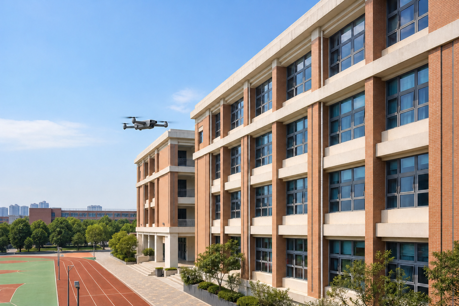 现代学校教学楼与操场上空的无人机外墙安全巡检场景