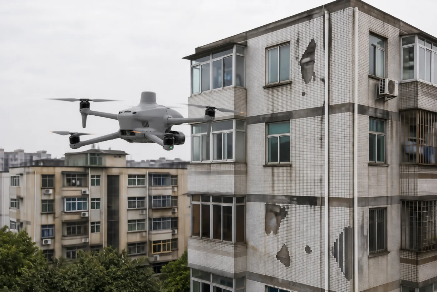 搭载 RTK 模块的经纬 4T 无人机对多栋老旧住宅外墙缺损进行改造前批量摸排