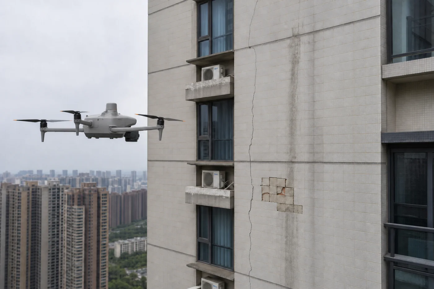搭载 RTK 模块的经纬 4T 无人机面向住宅外墙裂缝和饰面缺损区域进行巡检